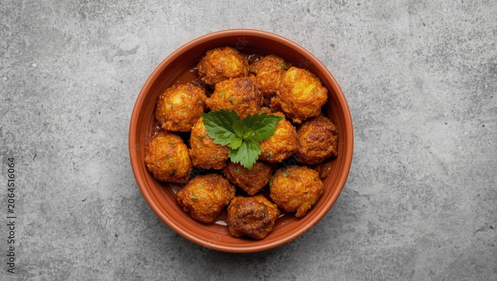 Fototapeta premium Fried potato balls served in a brown bowl