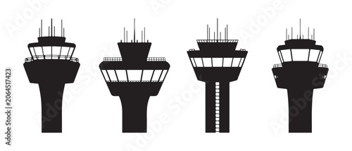 Fotografía Set of Airport Air Traffic Control Tower Silhouettes for Aviation Navigation and Flight Management