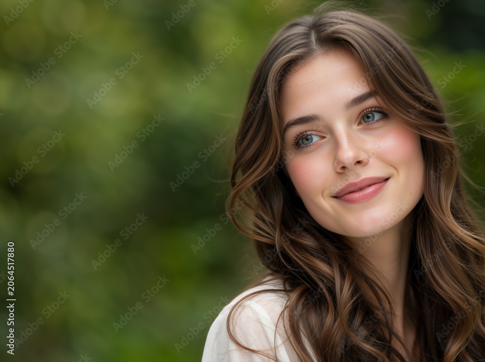 Fototapeta premium Smiling young woman looking away in nature. Close up portrait of a happy female with wavy brown hair against a blurred green park background. Copy space for text