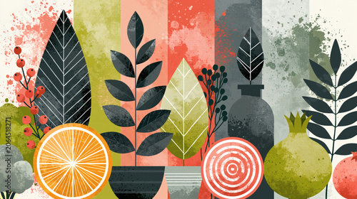 Minimalist Earthy Leaves and Fruits Graphic Illustration – Modern Botanical Design