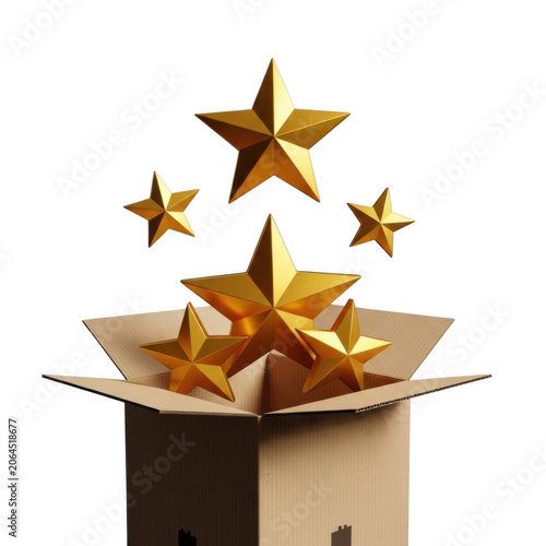 Golden stars emerging from cardboard box isolated on transparent background