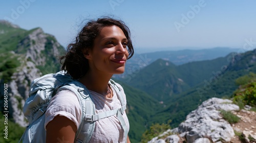 Woman with backpack hiking on a mountain trail, surrounded by lush green hills and rocky terrain under a clear blue sky in a scenic outdoor landscape