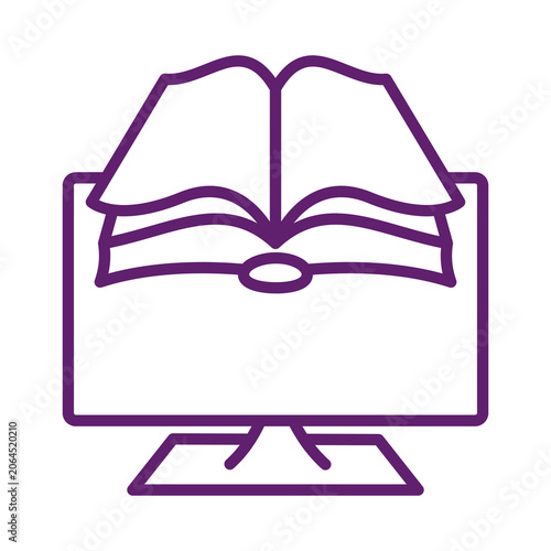 Purple computer monitor with an open book on top isolated on transparent background