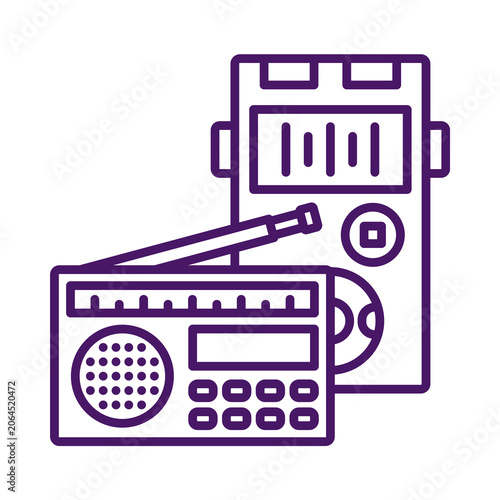Purple line art of a boombox and a portable cd player isolated on transparent background