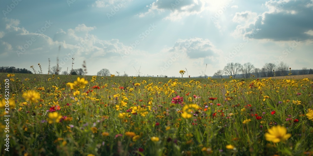 Obraz premium Wildflower field under a bright sky with clouds