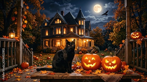 Spooky halloween night with black cat and glowing pumpkins on a porch