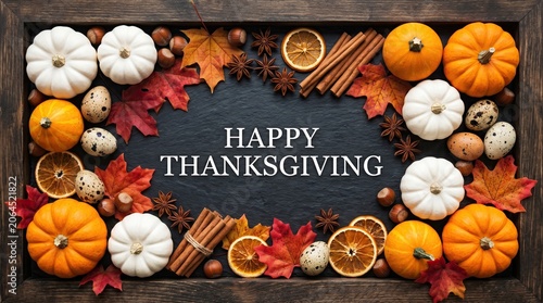 Happy thanksgiving autumn harvest pumpkins leaves and spices