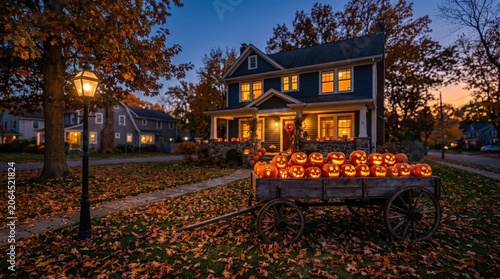 Festive halloween house exterior with jack o' lanterns and autumn foliage at dusk