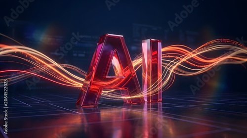 Glowing red artificial intelligence letters with dynamic light trails on a digital grid background
