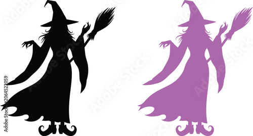 Schilderij op canvas Witch on broomstick silhouette black and lavender versions