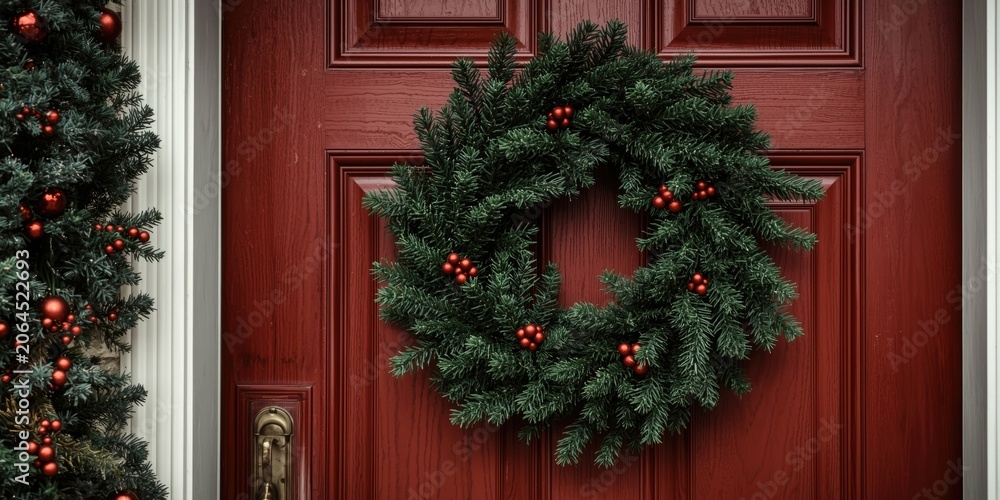 Fototapeta premium Holiday door adorned with rich fir branch wreath and clear copy space area