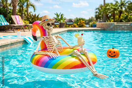 Relaxed skeleton floating on a rainbow pool float with cocktail and pumpkin for summer halloween party background and holiday design