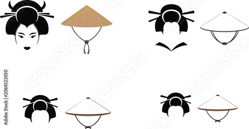 Obraz na plátne Traditional Japanese geisha hairstyle silhouettes set with Asian straw conical h
