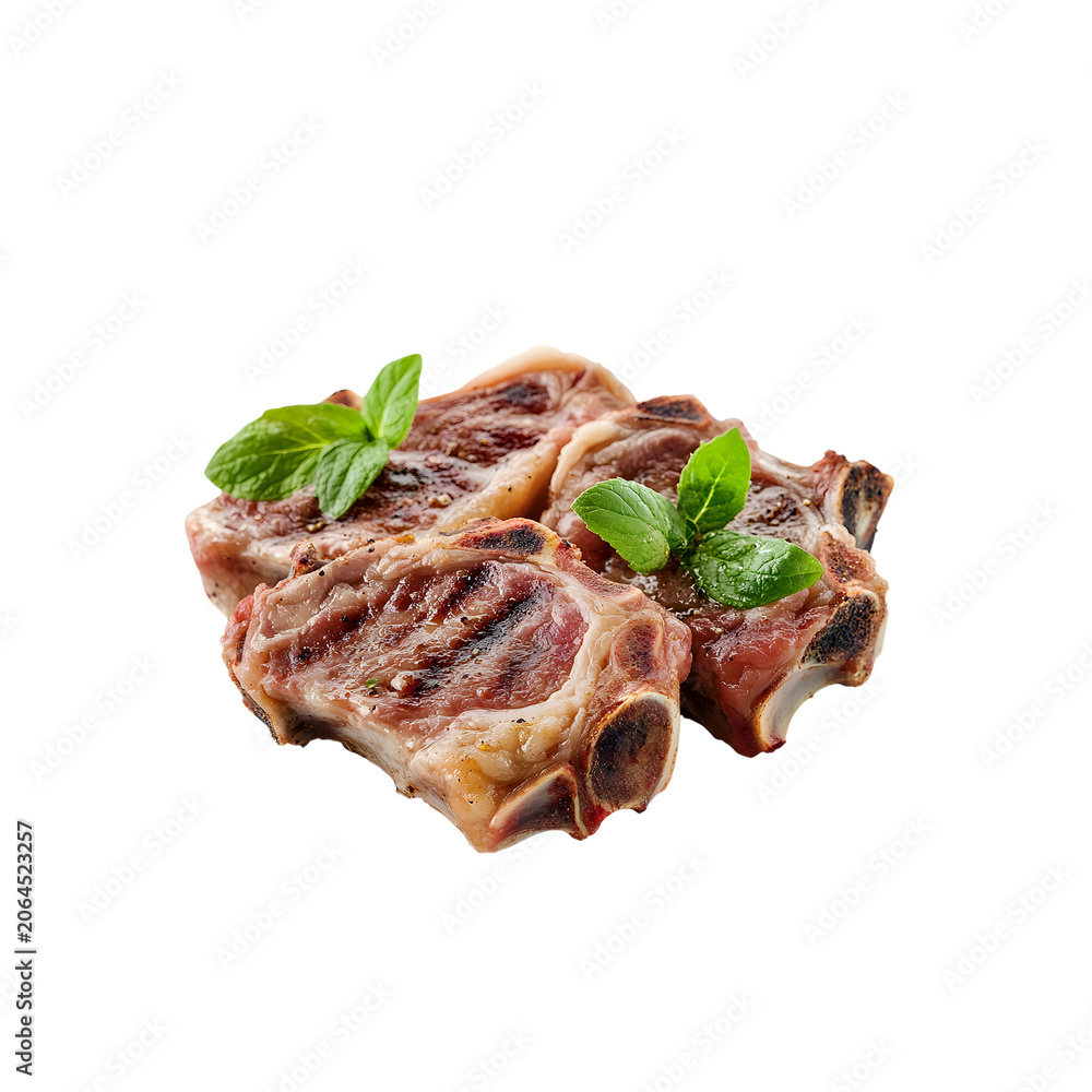 Fototapeta premium Cooked lamb chops seasoned with herbs on a grey background