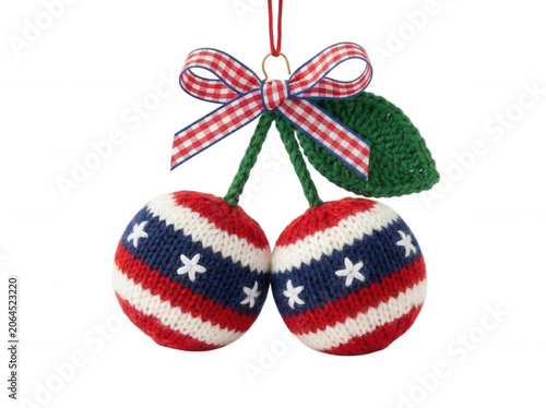 Knitted cherry ornament with patriotic stars and stripes isolated on transparent background