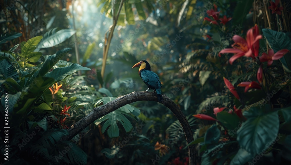 Obraz premium Tropical rainforest bird toucan perched on a branch amid dense leaves