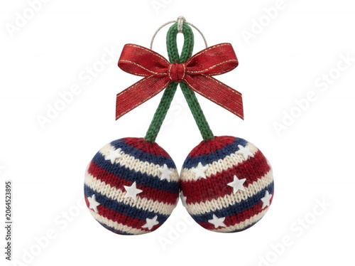 Patriotic crochet cherry christmas ornament with red bow isolated on transparent background