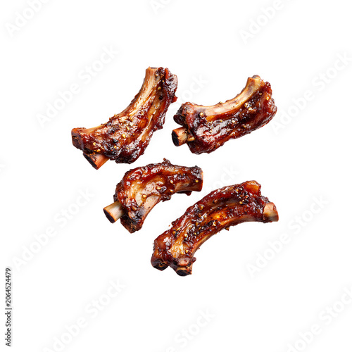 Flying pieces of spicy barbecue pork ribs set of