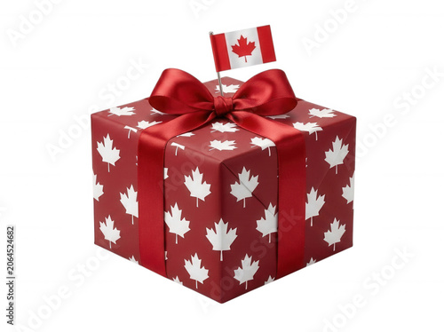 Red gift box with canadian maple leaf pattern and flag isolated on transparent background
