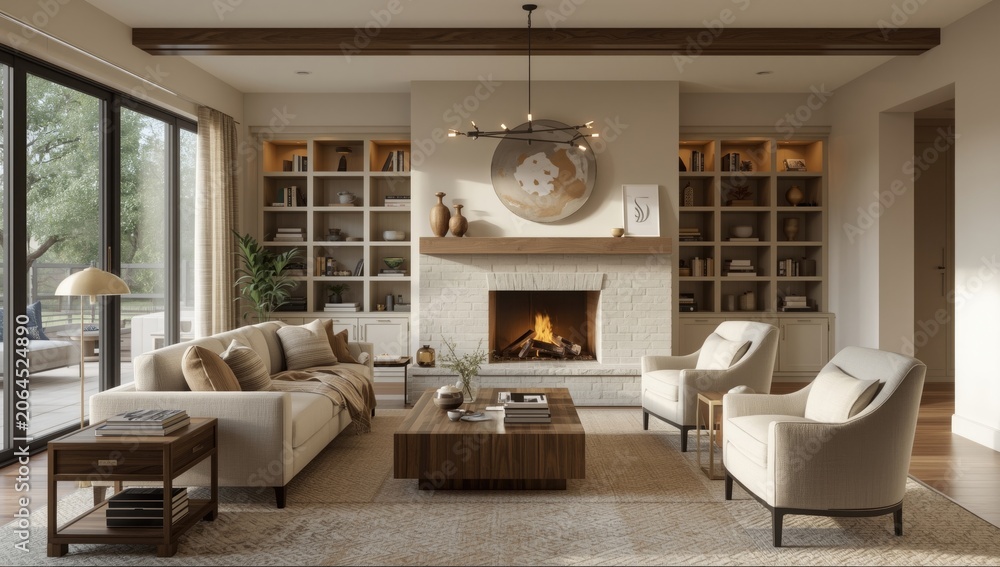 Obraz premium Light filled contemporary living area highlighting a cozy corner hearth