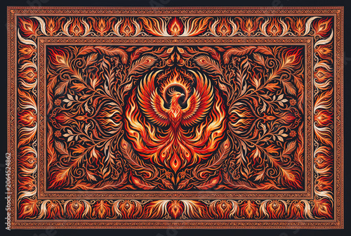 Phoenix bird fiery ornate floral pattern rug tapestry