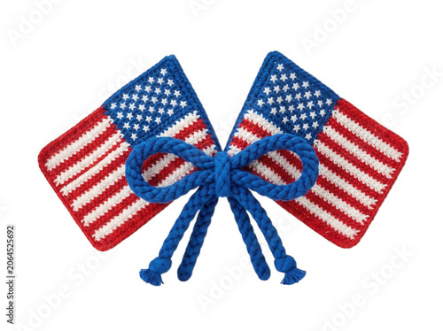 Two usa flags tied together with a blue rope isolated on transparent background