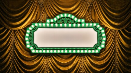 Empty vintage marquee sign with green lights on golden textured curtain background