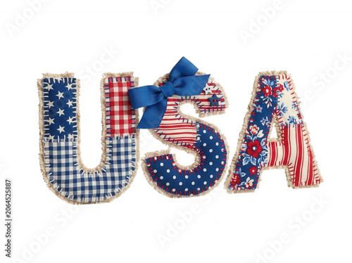 Usa letters with fabric patchwork and blue ribbon bow isolated on transparent background