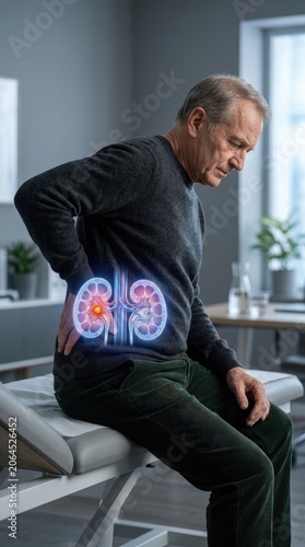 Senior health distress: kidney disease, renal organ, chronic condition, pain symptom, medical problem, human anatomy, body system, health issue, organ damage.