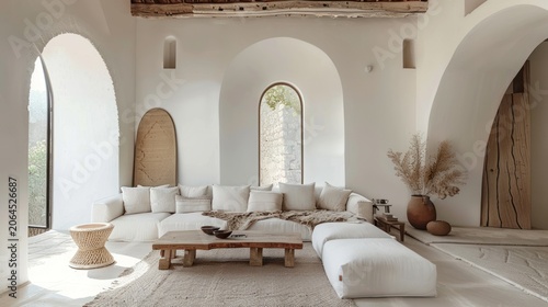 Modern, minimalist living space with arched windows