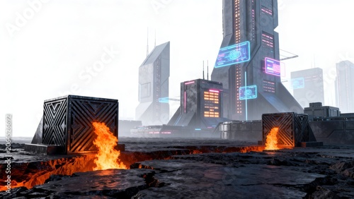 Futuristic cityscape with lava and neon lights