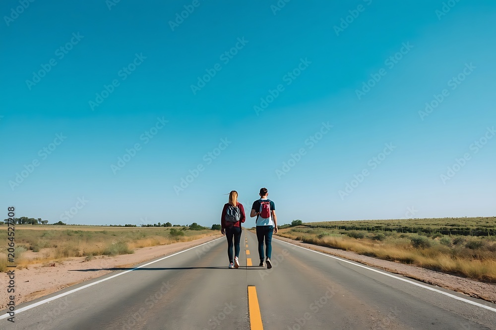 Obraz premium Two People Walking On Desert Road Under A Vast Blue Sky Scenic Photo