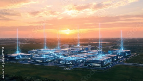 Futuristic industrial complex at sunset