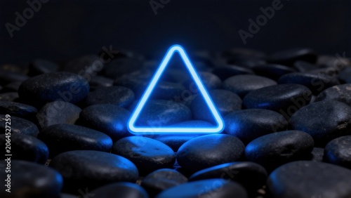 Blue neon triangle on rocks
