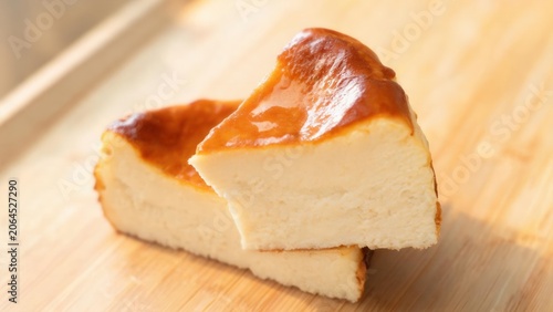 Two slices of cheesecake on wooden board