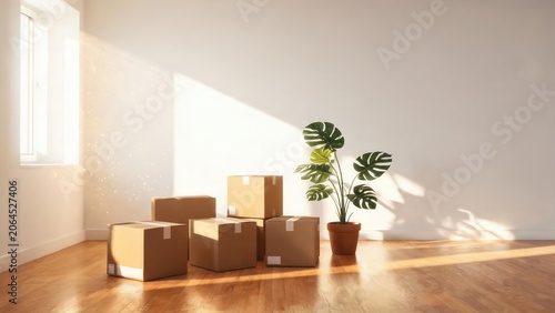 Moving boxes and plant in empty room