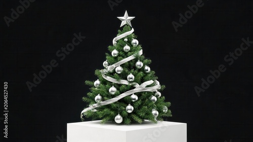 Decorated Christmas tree on white pedestal