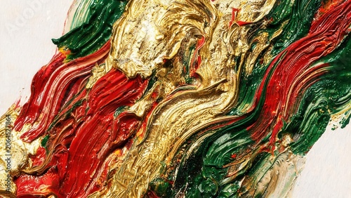 Abstract painting with red green and gold colors
