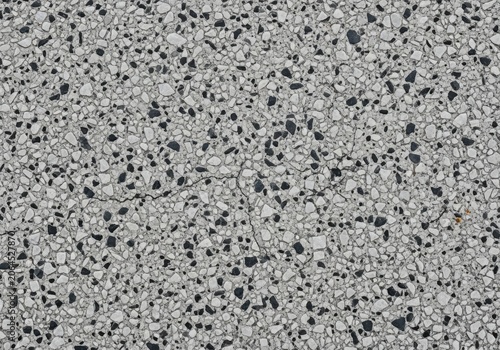 Terrazzo texture with small dark aggregate in a light grey binder during daylight