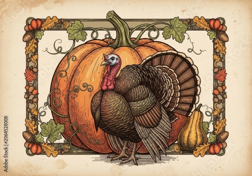 Thanksgiving turkey with pumpkin and gourds during autumn harvest celebration framed by fall foliage