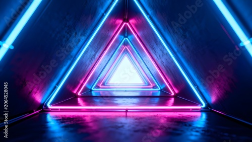 Neon triangle tunnel with glowing lights