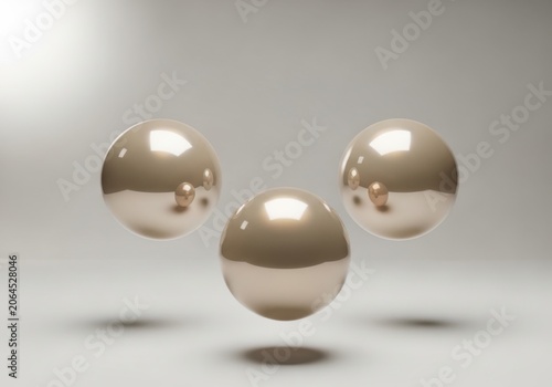 Three golden spheres floating with soft studio lighting and subtle shadows against a neutral gradient background