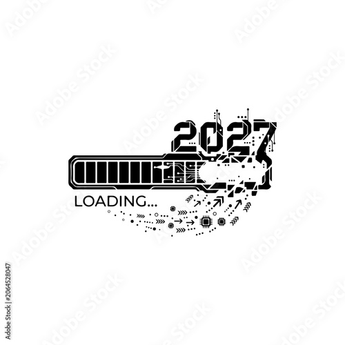 Loading 2027, futuristic progress bar, digital loading icon, black vector graphic