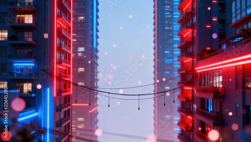 Neon lit cityscape with glowing lights