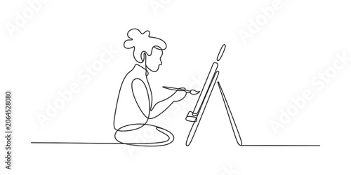 Continuous single line drawing of a creative woman artist painting on a canvas with a brush in a minimalist artistic style for creative design projects Vector, illustration