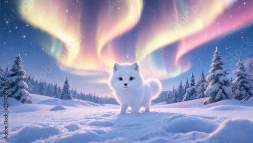 White fox in snowy landscape with northern lights
