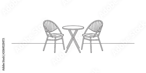 Simple line art drawing of a round cafe table with two chairs for outdoor seating area furniture design concept for home interior and exterior decoration Vector, illustration
