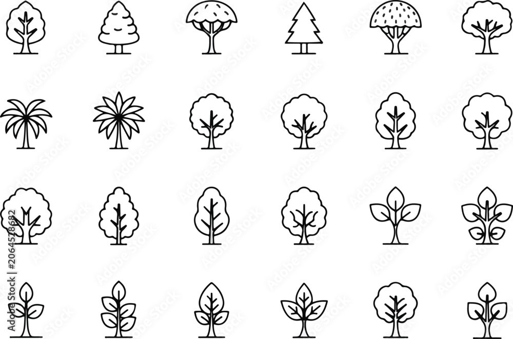 Naklejka premium Collection of Simple Tree Icons in Outline Style.