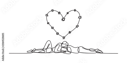 Tablou pe pânză Continuous single line drawing of a romantic couple lying down together under a