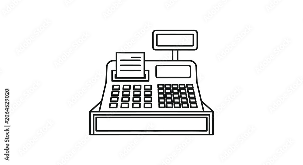 Fototapeta premium Cash register outline with receipt black and white silhouette